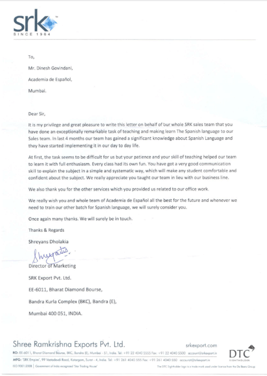 SRK Letter