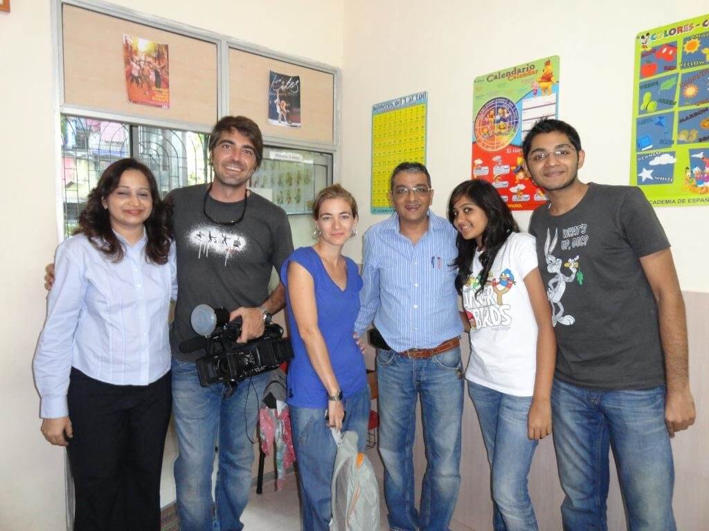 The Govindani family with Cristina and Jesus of the Spanish TV channel Cuatro Canal from the program Conexion Samanta at Academia De Espanol
